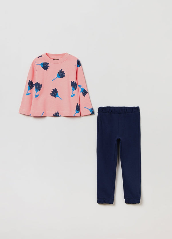 OVS Girls Cotton Jogging Set with Flower Print
