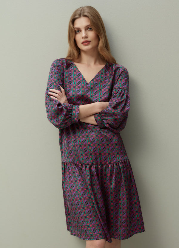 PIOMBO short dress in satin with majolica pattern print
